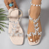 Women's Butterfly Slip-On Flat Sandals - Open Toe Beige PVC Upper, Comfortable Synthetic Insole, Summer Casual Flats