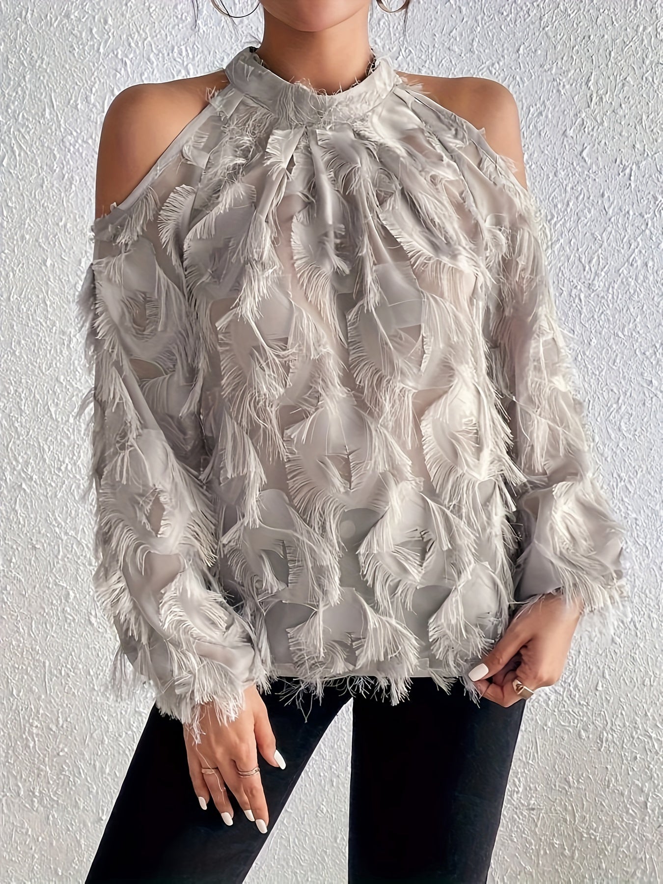 Women's Plush-Like Ruffled Long Sleeve Semi-Sheer Blouse - Round Neck Pullover Top for Casual & Formal Wear