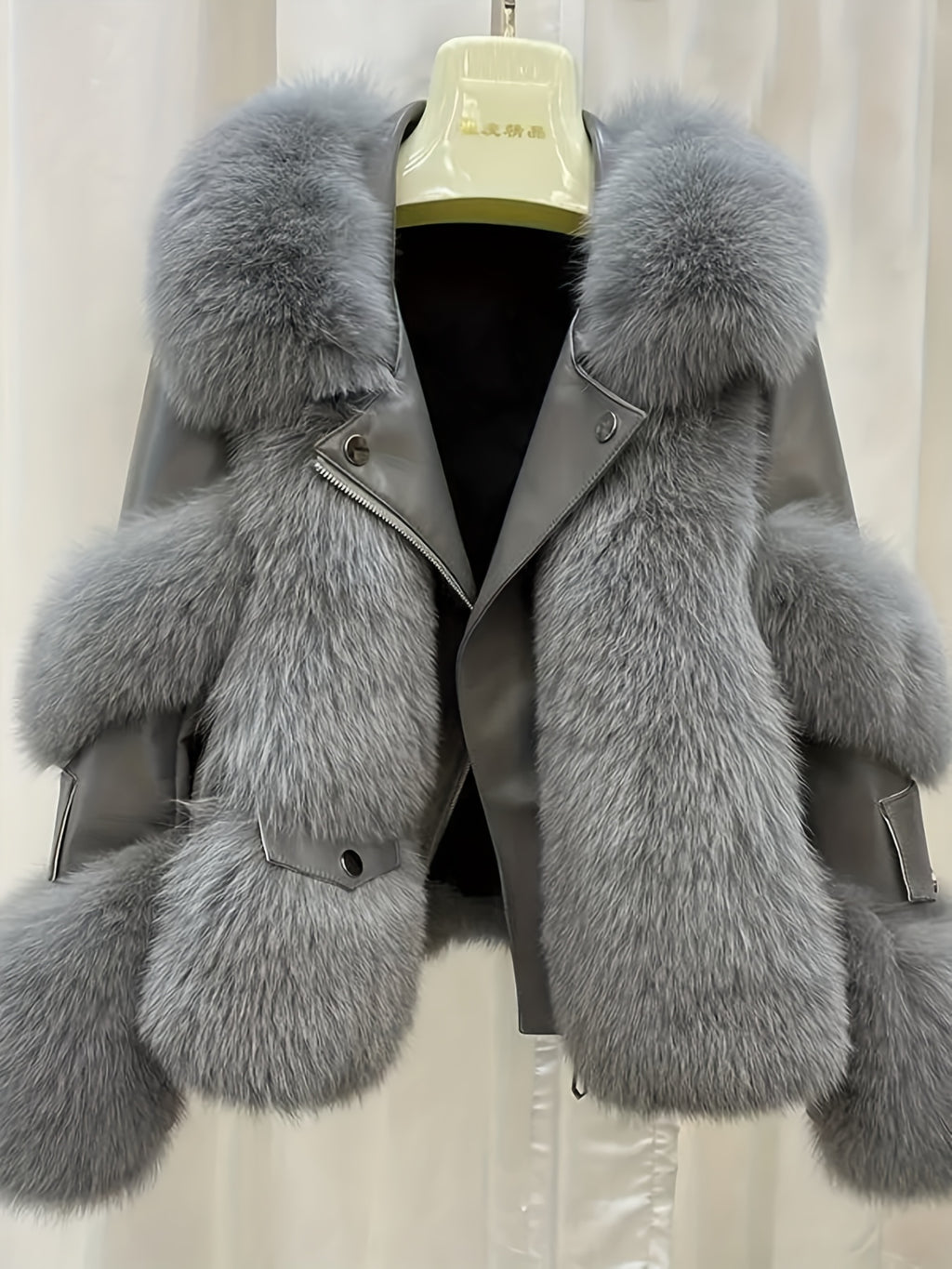 SCACTO Women's Faux Fur Jacket with Leather Accents - Long Sleeve Casual Coat