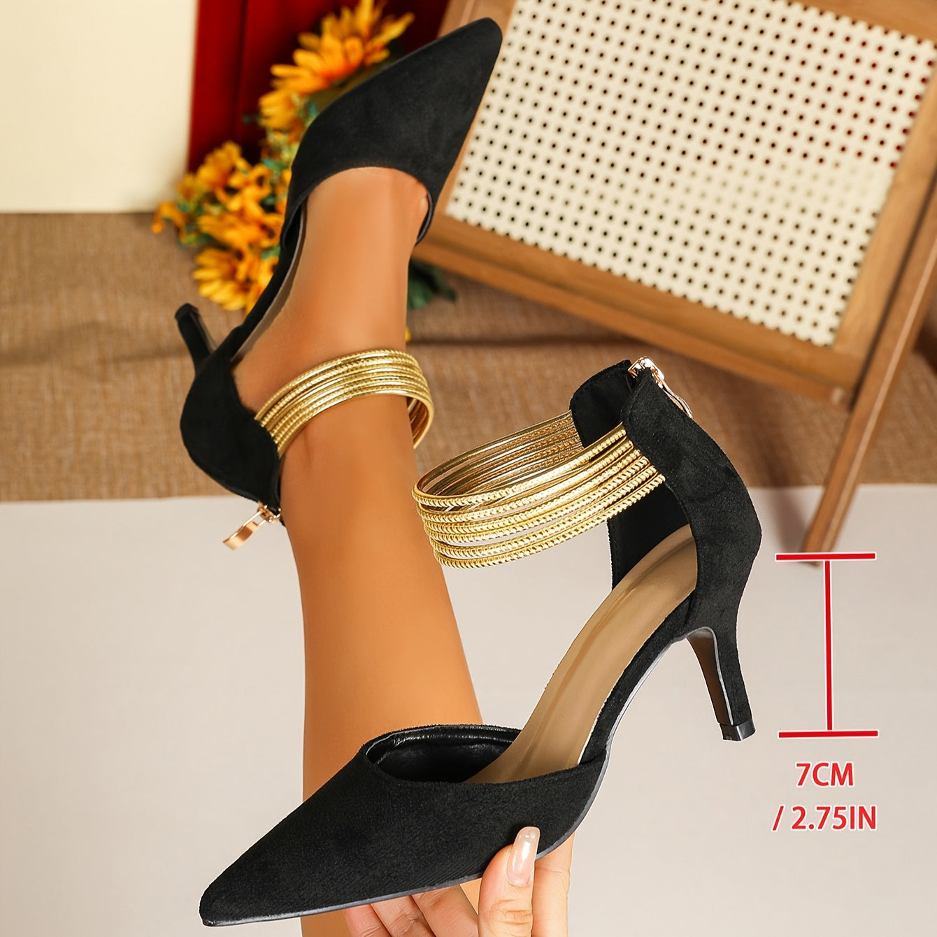 Elegant Women's Pointed Toe Stiletto Heels with Gold Belt Accent & Back Zipper
