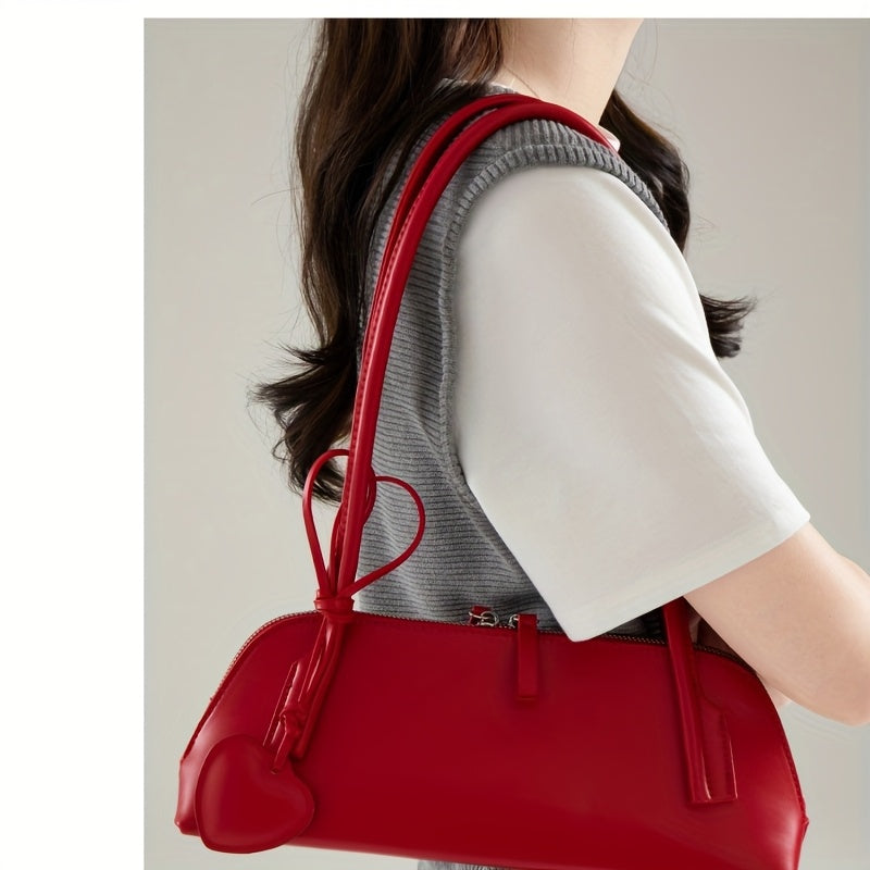 Heart Charm Large Capacity Baguette Shoulder Bag - PU Handbag for Women