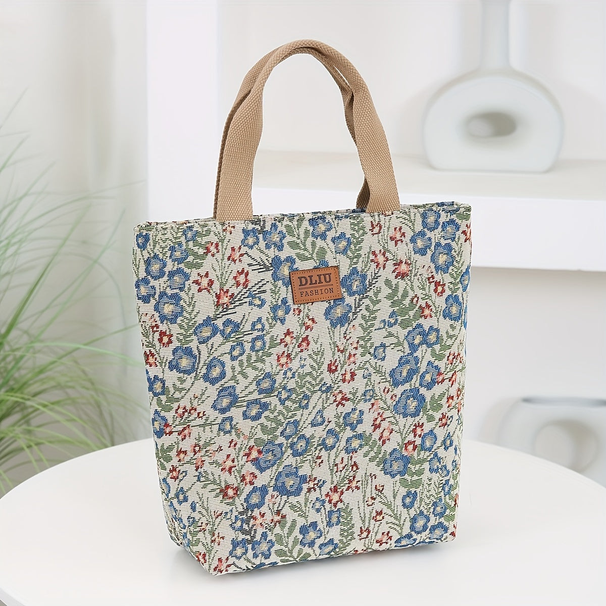 DLIU Vintage Floral Nylon Bucket Handbag – Large Capacity Foldable Tote with Zipper & Back Pocket, Sturdy Shoulder Straps (Red/Blue)