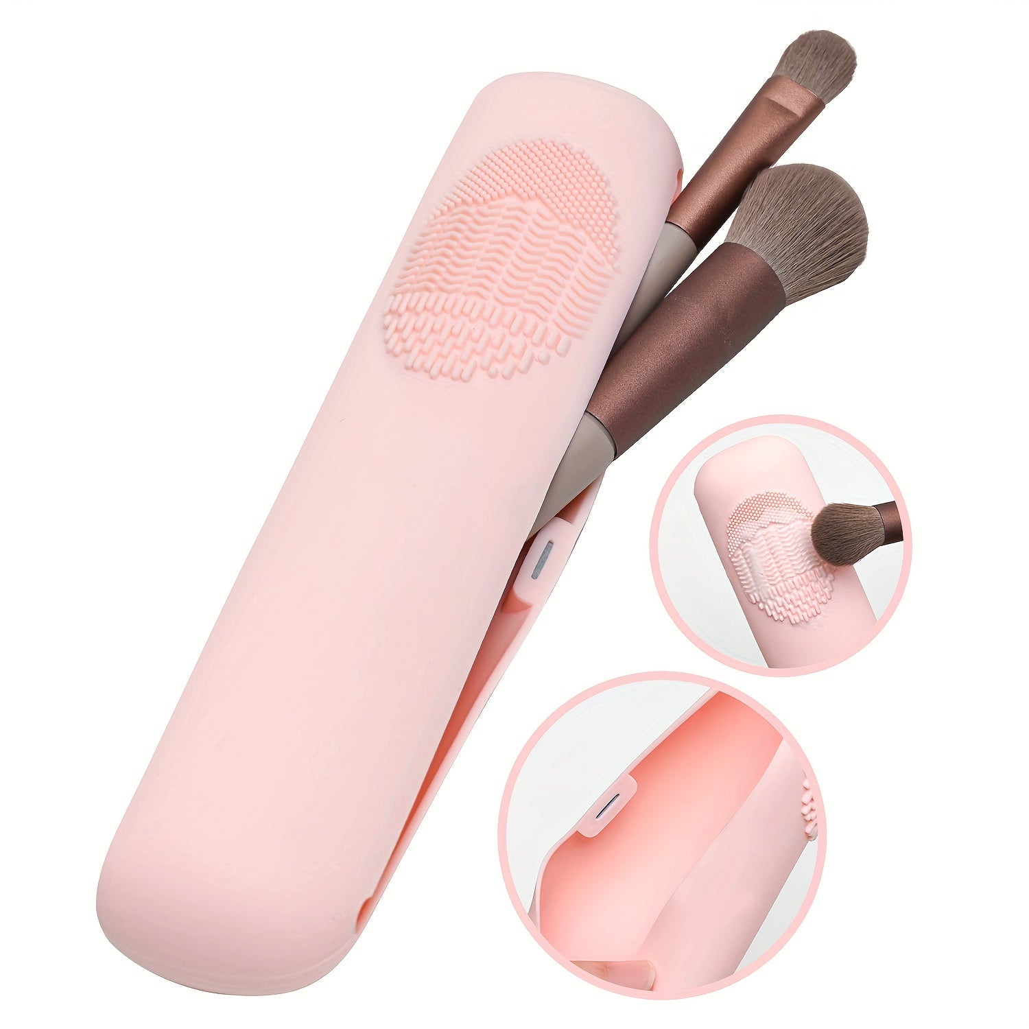Beige Silicone Travel Makeup Brush Holder - Magnetic Closure, Anti-Fall Portable Makeup Brush Organizer