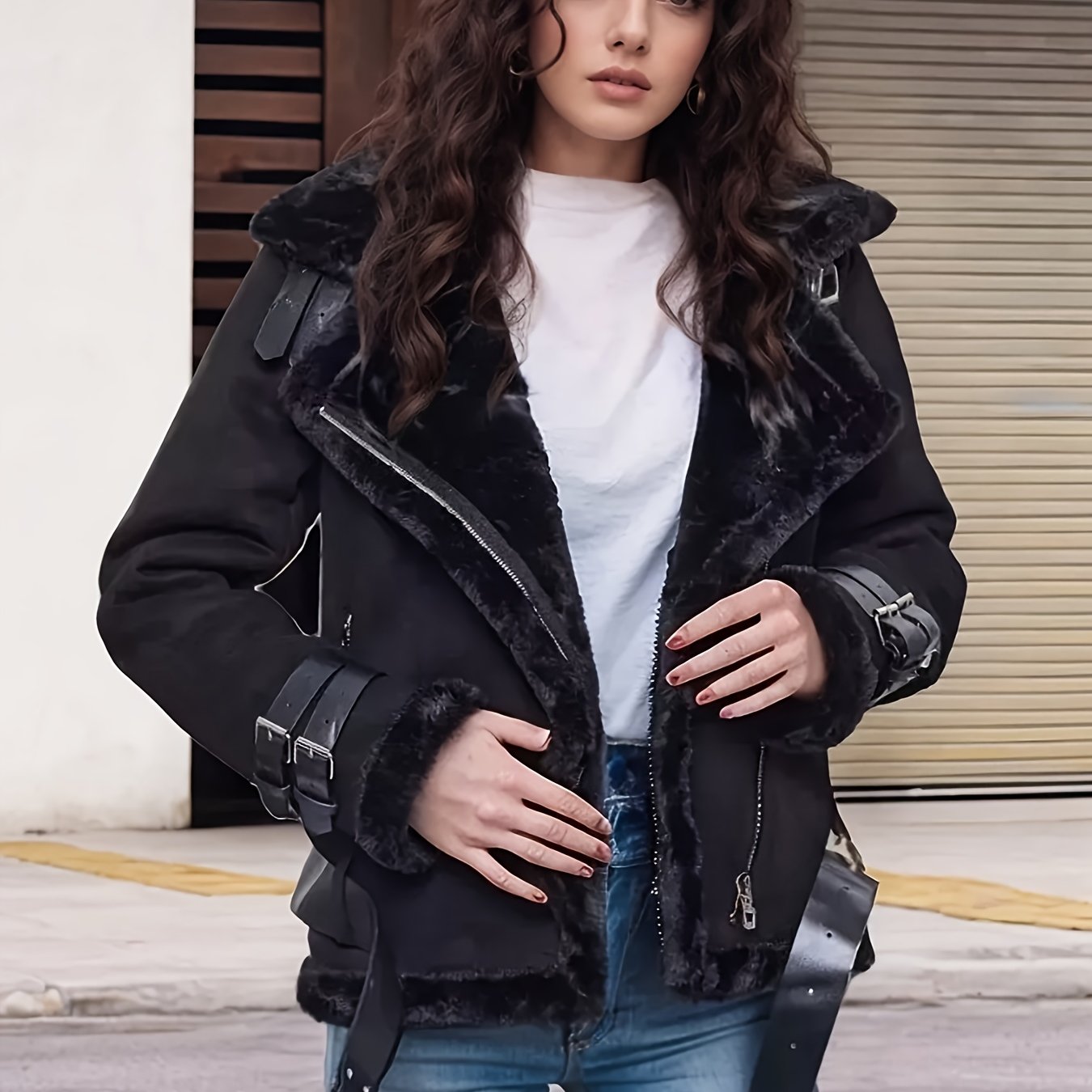 Women's Velvet PU Leather Jacket with Retro Collar – Thickened Lined Casual Coat