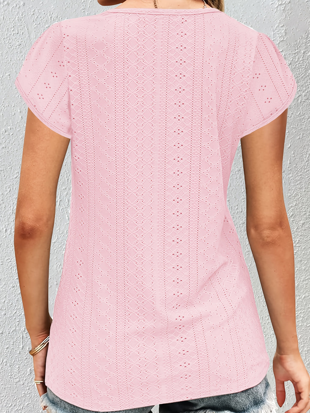 Elegant Women's Lace V-Neck Top — Petal Short Sleeves, Lightweight Summer Blouse