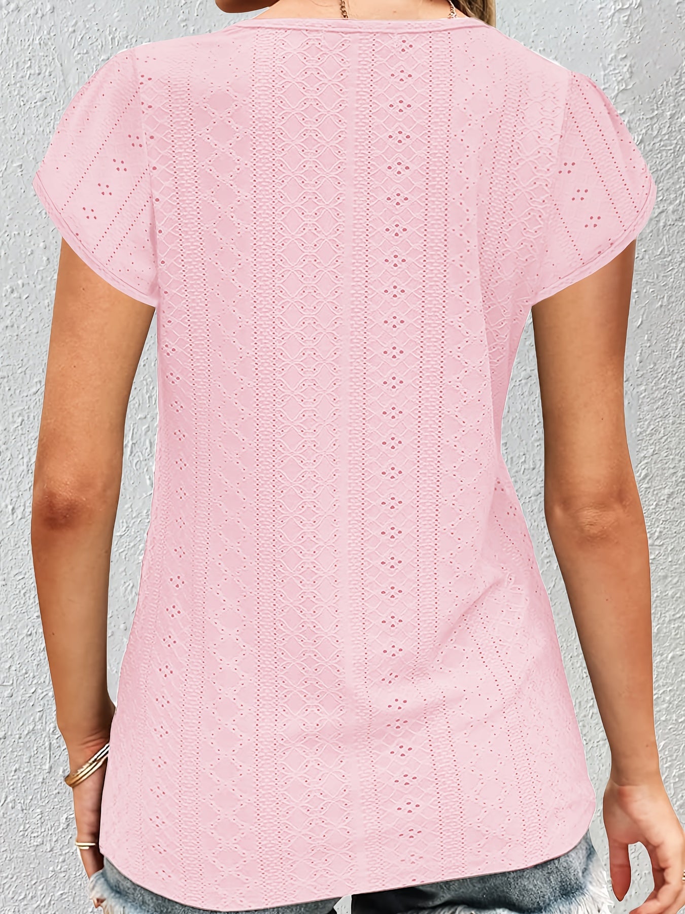 Elegant Women's Lace V-Neck Top — Petal Short Sleeves, Lightweight Summer Blouse