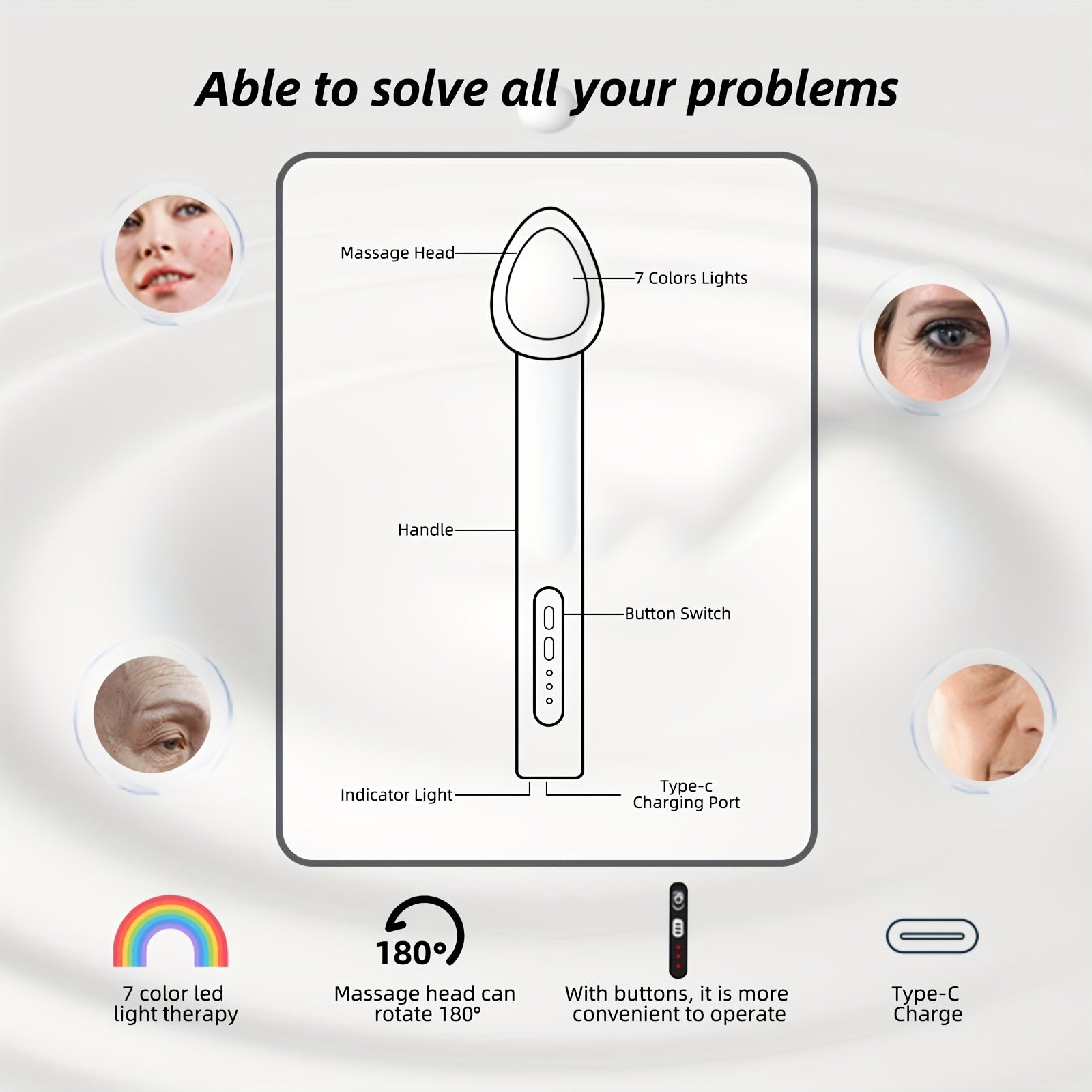 ELVISH 7-Color LED Eye Massager – Rechargeable Vibrating Facial Wand for Dark Circles, Eye Bags, Fine Lines & Wrinkles – Portable Battery-Powered Beauty Tool