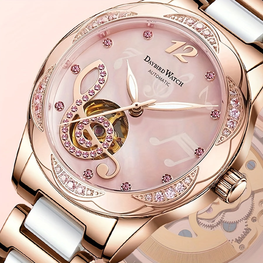 Women's Rose Gold Mechanical Skeleton Watch – Pink Dial, Roman Numerals, Hand-Winding Dress Watch