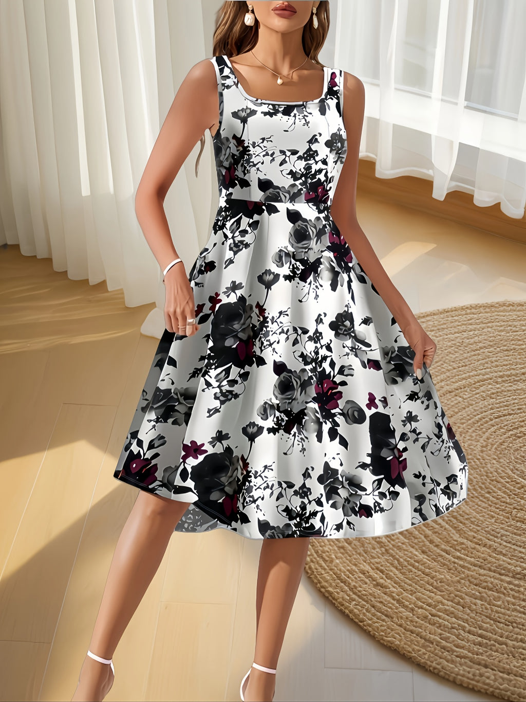 Women's A-Line Floral Dress – Sleeveless Square Neck Knit Polyester Blend, Black & White Rose Print, Spring/Summer