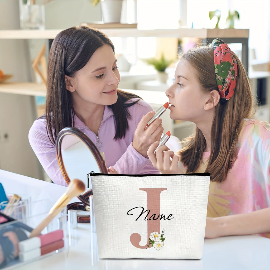 Customizable Floral Makeup Bag - Foldable Polyester Cosmetic Pouch for Travel, Zippered Toiletry Organizer, Machine Washable, Ideal Bachelorette Gift