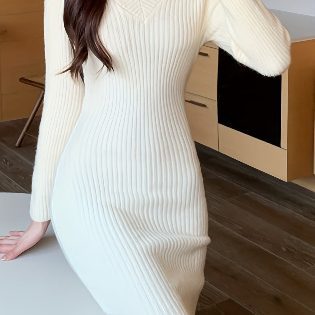Women's Elegant V-Neck Knit Sweater Bodycon Dress - Long Sleeve Fall Winter