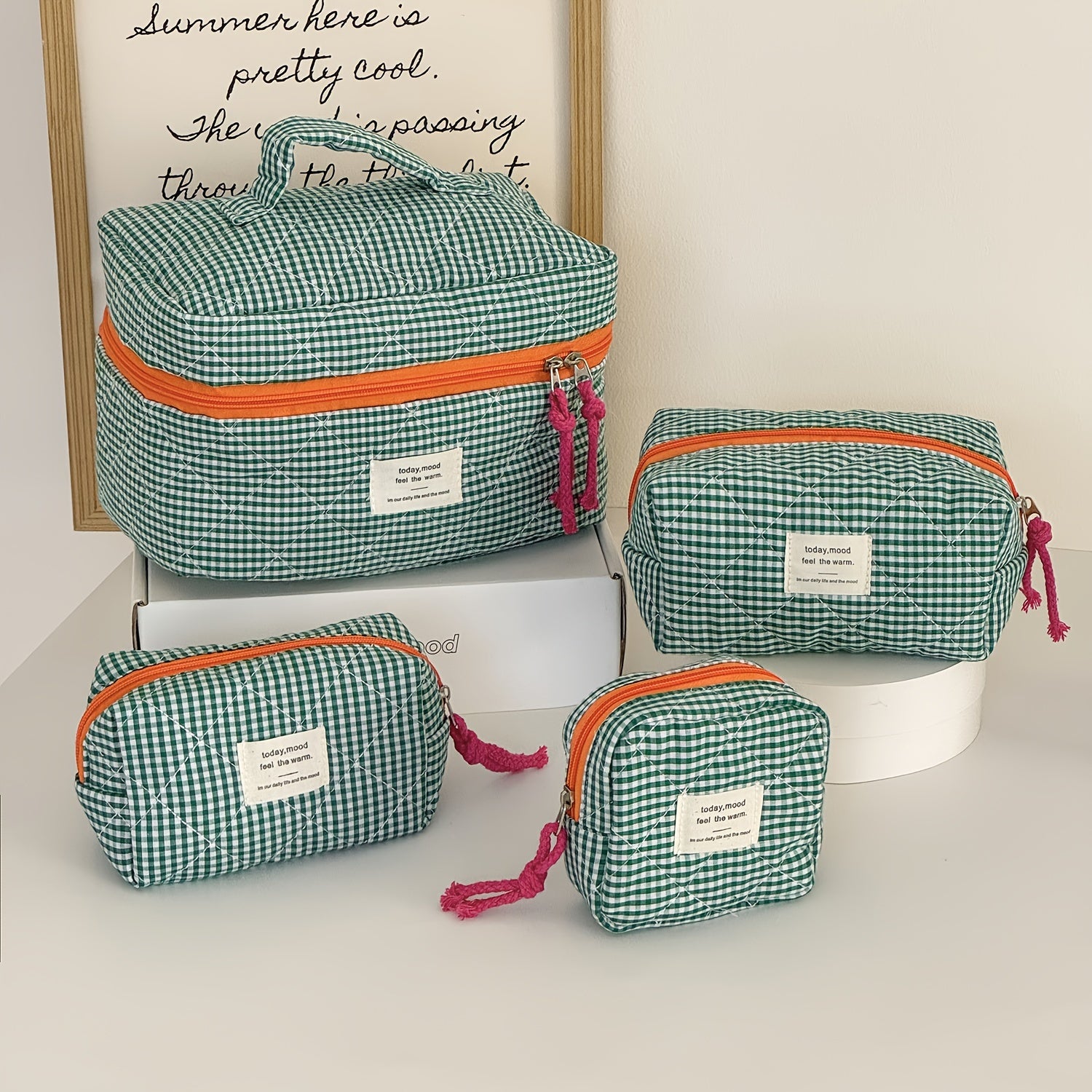 4-Piece Classic Plaid Makeup Bag Set - Minimalist Color-Block Large Capacity Travel Cosmetic Organizers for Women