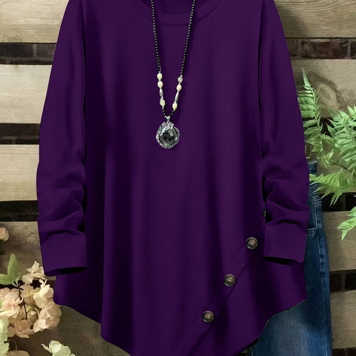 Plus Size Women's Loose Fit Long Sleeve Top with Button Detail, Round Neck & Asymmetrical Hem