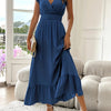 Navy Deep V A-Line Maxi Dress with Flutter Ruffle Sleeves & Elastic Waist — Elegant Vintage Women's Dress