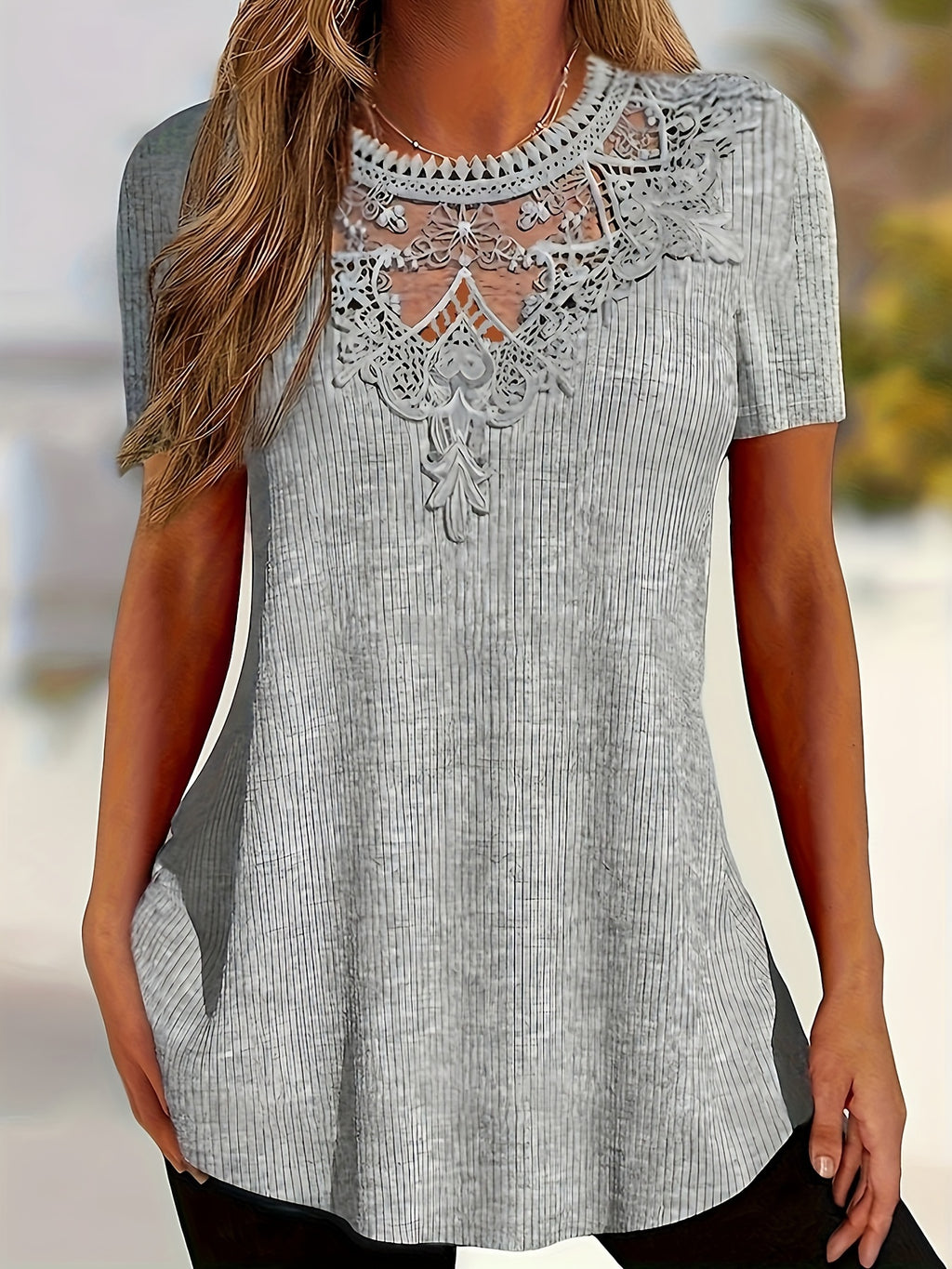 Women's Summer Lace-Trim Pullover Top - Light Gray Short Sleeve Casual Blouse, Medium Stretch, Machine Washable