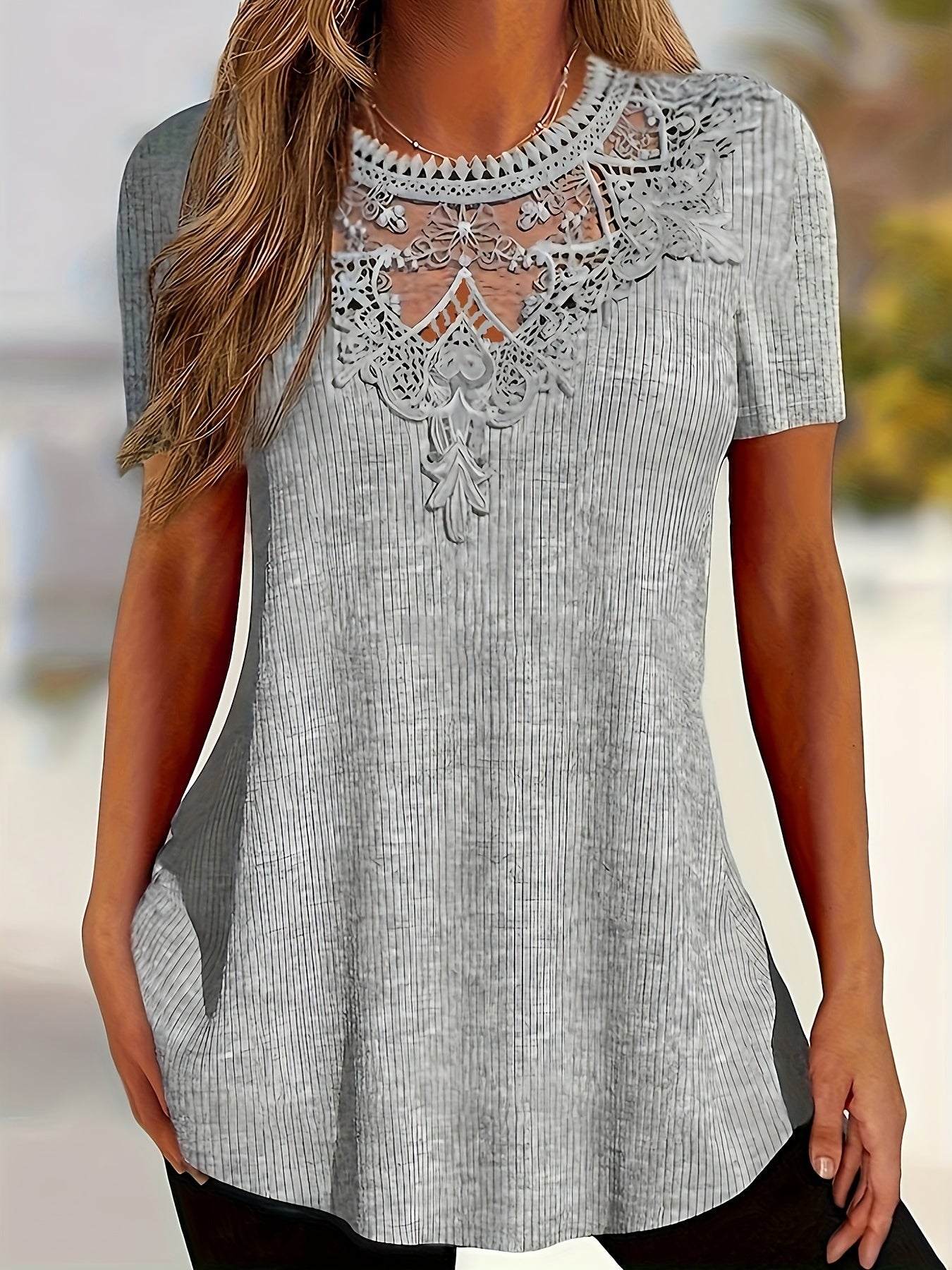 Women's Summer Lace-Trim Pullover Top - Light Gray Short Sleeve Casual Blouse, Medium Stretch, Machine Washable