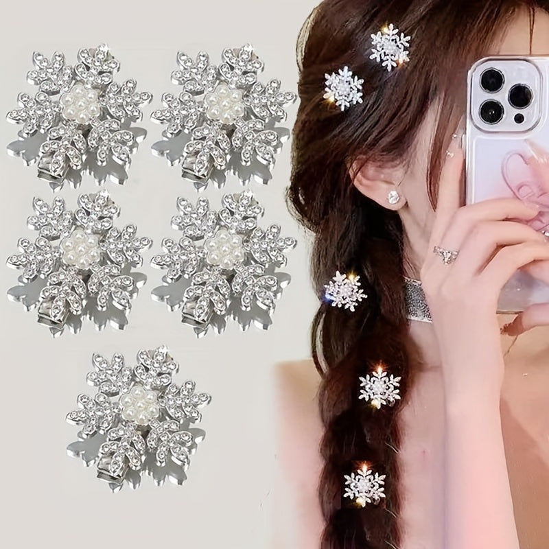 2 or 5-Piece Rhinestone Snowflake Pearl Hair Clips – Winter Christmas Side Barrettes for Women & Teens