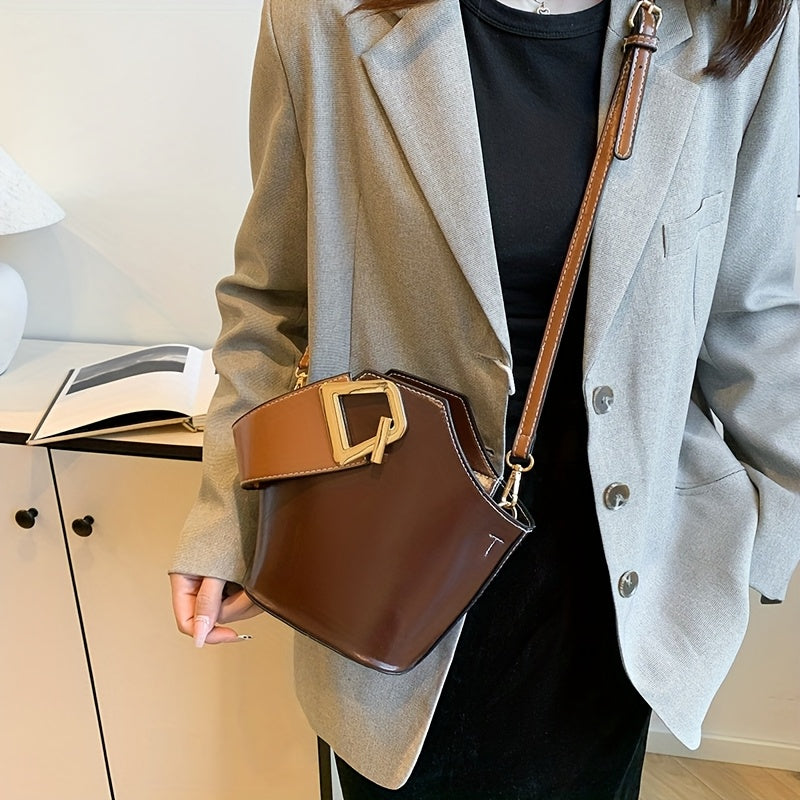 Elegant Women's PU Leather Bucket Crossbody Bag – Small Zippered Crossbody with Detachable Adjustable Strap & Gold-Tone Hardware