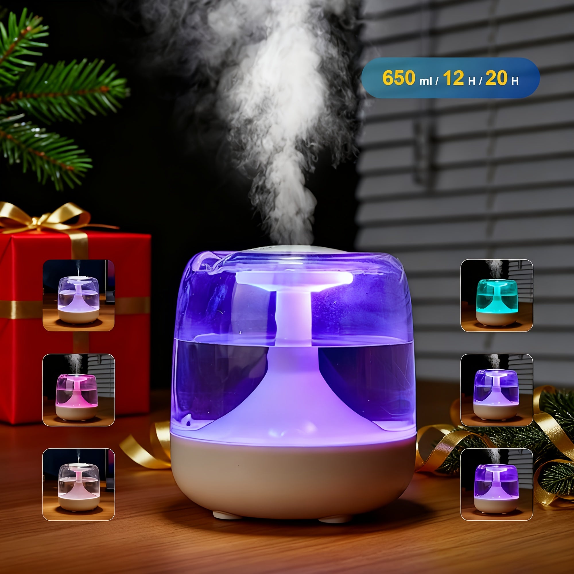 USB Cool Mist Humidifier & Essential Oil Diffuser with Night Light, 21.98 oz (650 ml) Tank, 7-Color LED, Quiet 12H Operation, Continuous/Intermittent Mist for Bedroom & Home