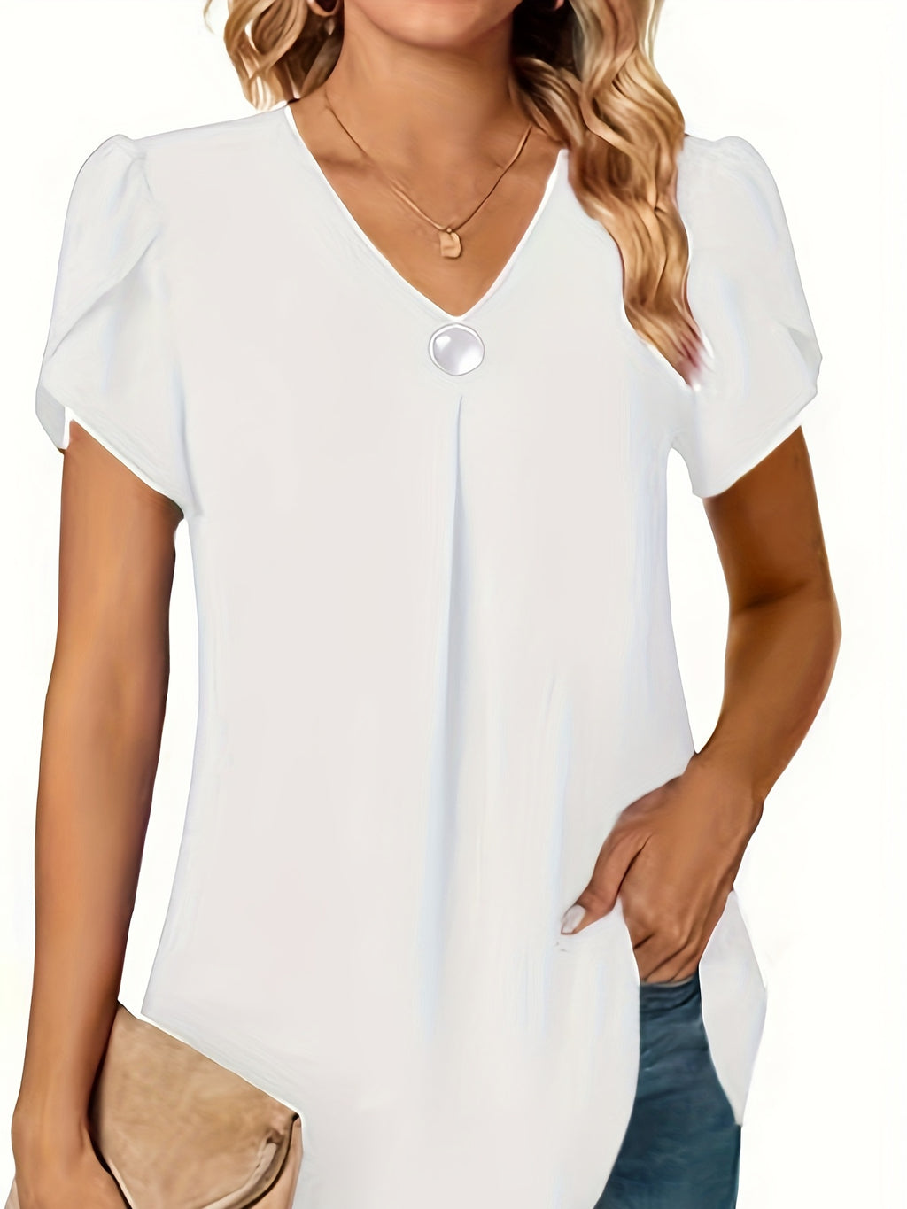 Women's Black Chiffon V-Neck Peplum Blouse with Ruffle Short Sleeves — Lightweight Polyester Summer Top