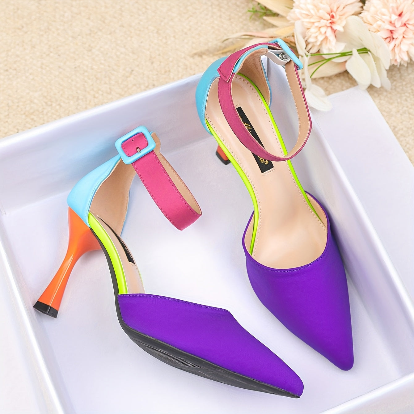 French-Inspired Pointed Toe Stiletto Pumps with Ankle Strap – Comfortable High Heel Evening & Office Shoes (Blue, Pink, Purple)