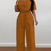 Elegant Off-Shoulder Wide Leg Jumpsuit – Short Sleeve, Cinched Waist, Solid Black Polyester, Machine Washable