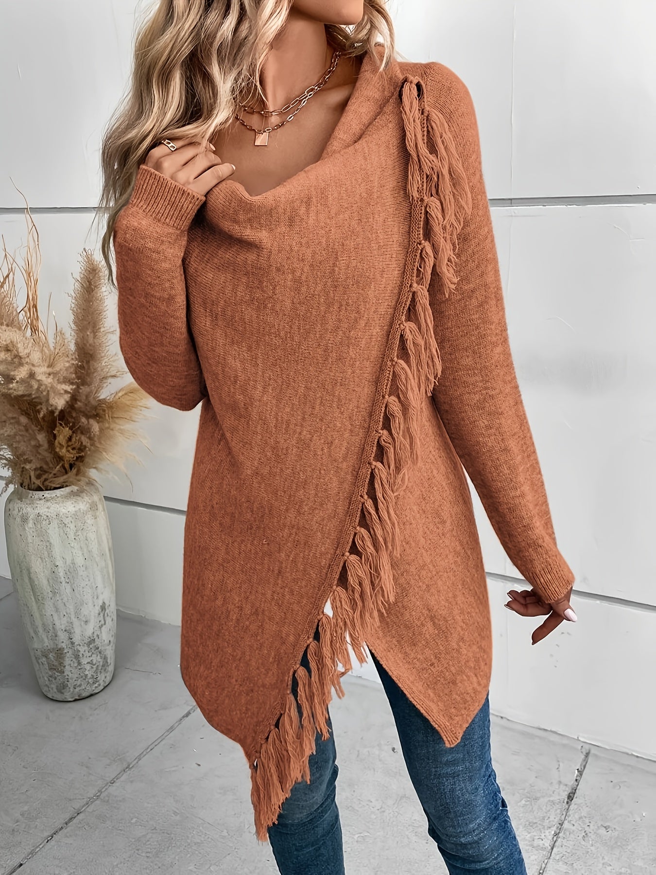 Women's Fringe Tassel Draped Neckline Shawl Wrap - Knit Polyester Fall/Winter