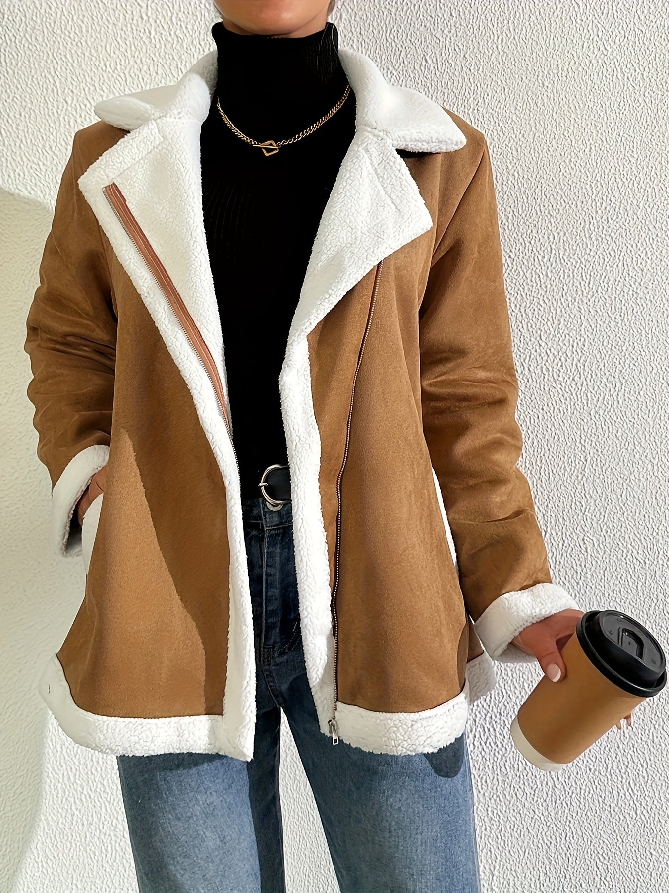 Women's Faux Fur Trim Jacket – Minimalist Elegant Faux Leather Outerwear, Warm & Machine Washable