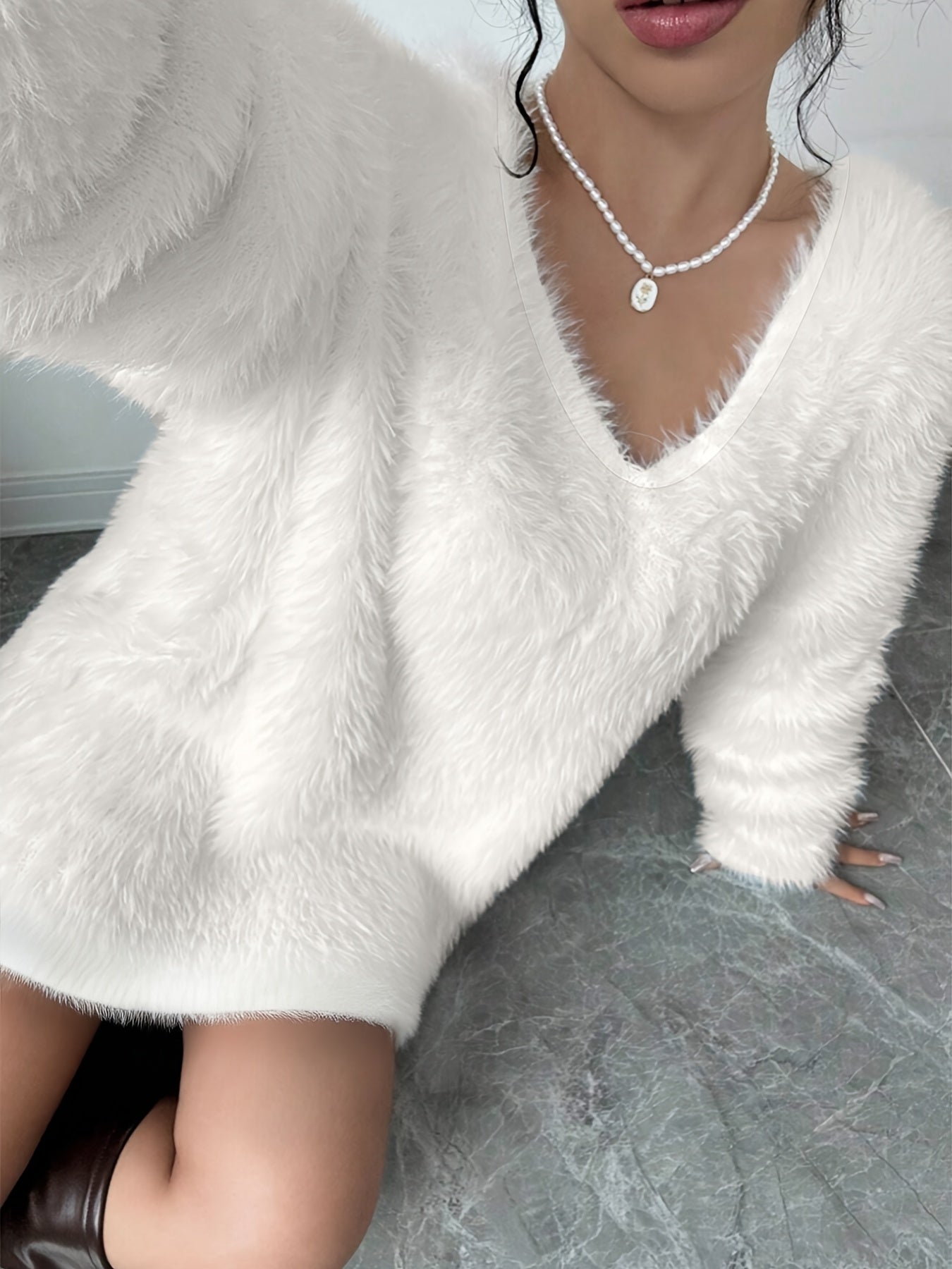 Women's V-Neck Knit Sweater Dress – Elegant Loose Solid Color Party Dress for Fall/Winter