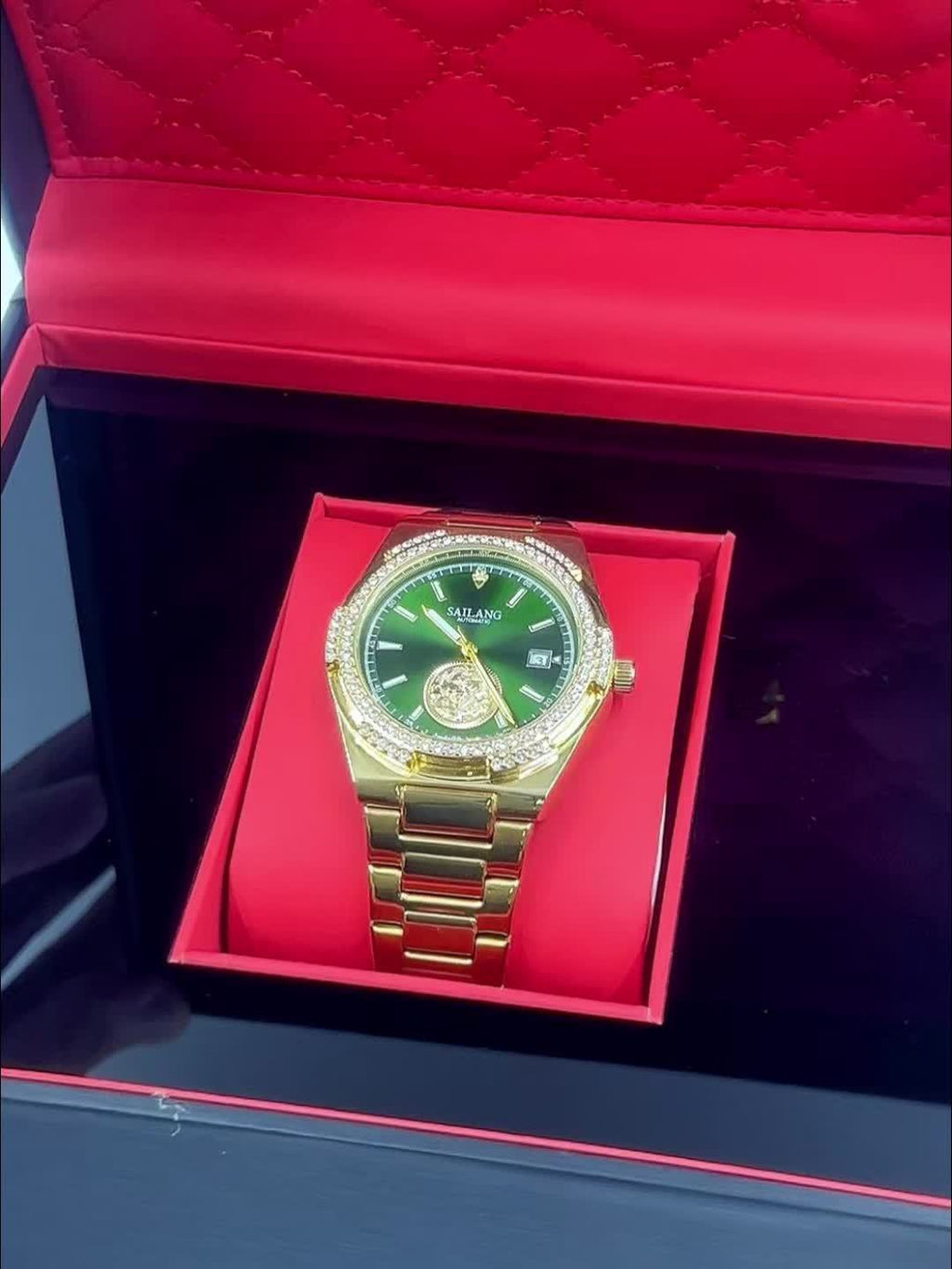 SAILANG Automatic Mechanical Unisex Watch – Green Luminous Dial, Gold-Tone Rhinestone-Embellished Case, Alloy Band, Date Display