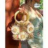 Women's 3D Floral Crossbody Bag with Wooden Handle – White Drawstring Messenger Purse for Travel & Evening