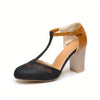 Women's Retro Colorblock T-Strap Block Heel Sandals, Round Toe, Buckle Closure