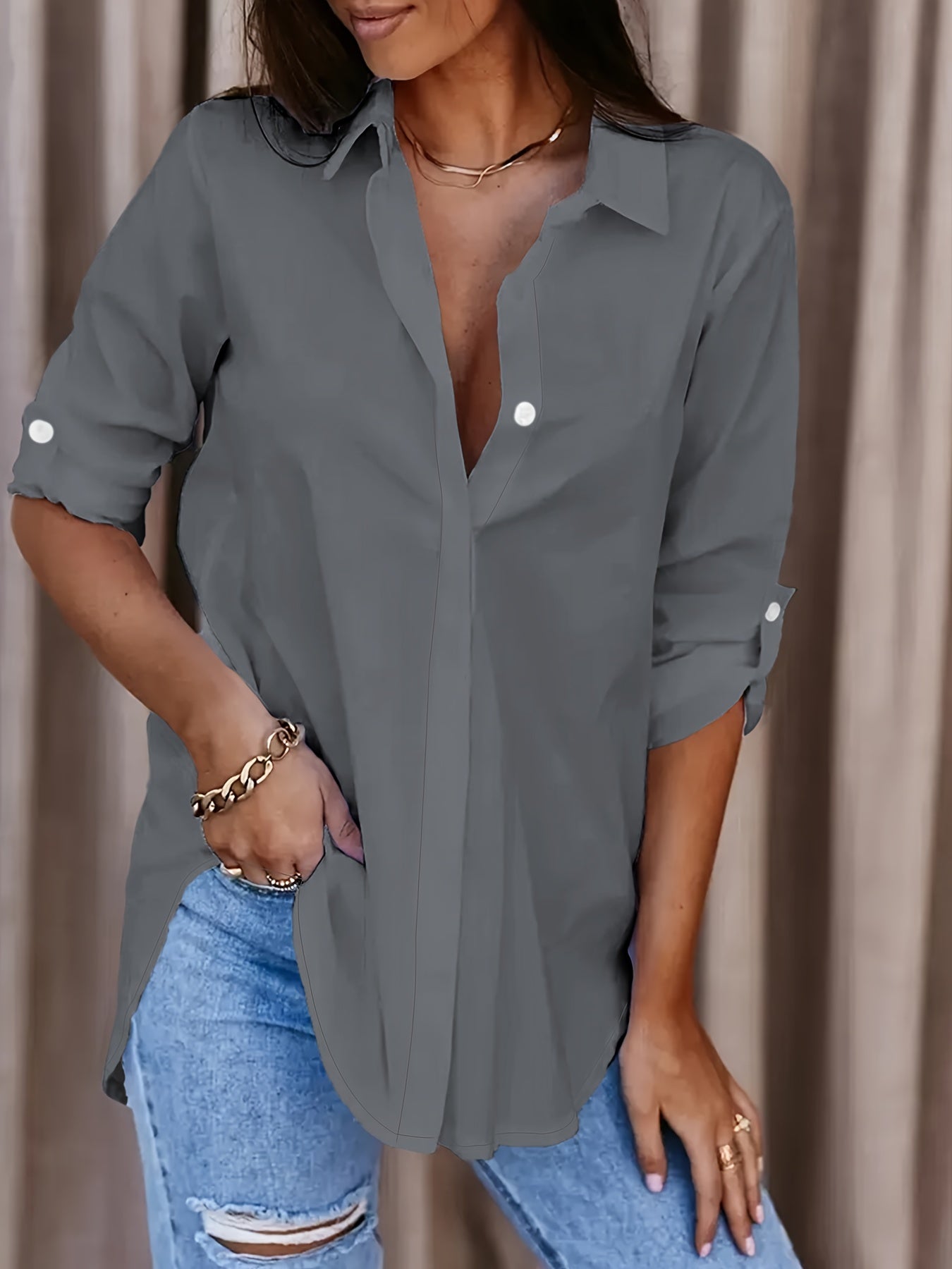 Women's Solid Button-Front Shirt - Casual Turn-Down Collar Office Blouse