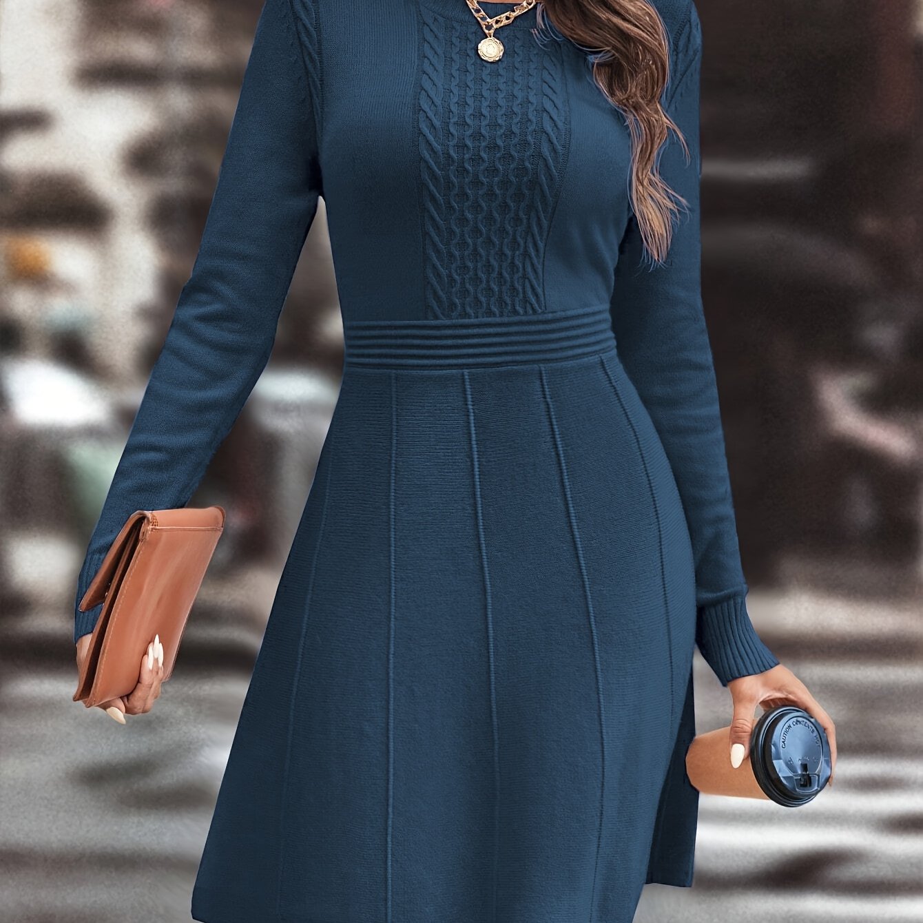 Women's Autumn/Winter Knit A-Line Dress Slim Round Neck Casual Elegant for Date & Daily Wear