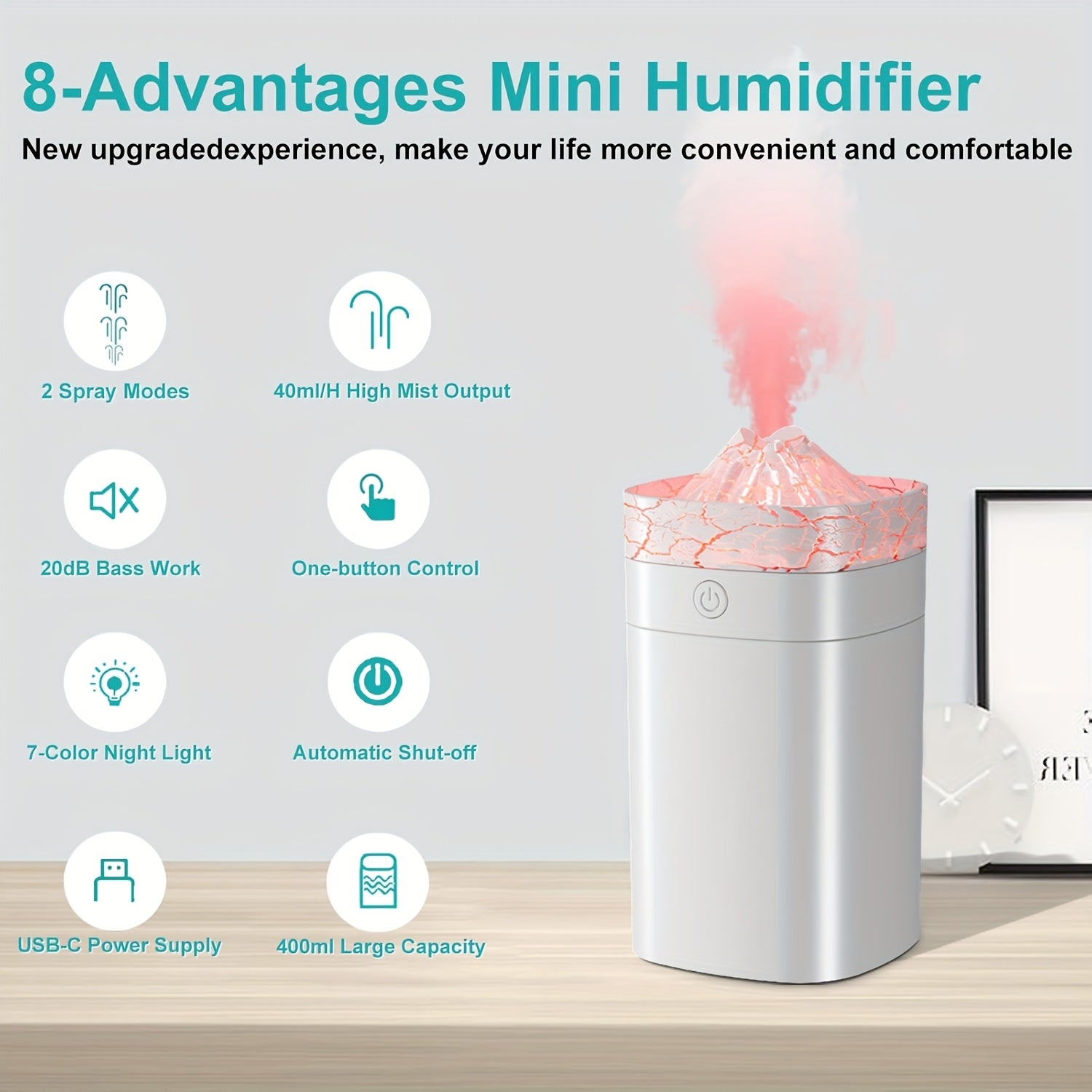 Volcano Dazzle Aroma Diffuser Humidifier with 8-Pack Essential Oil Set — Sweet Orange, Lemon, Vanilla, Sandalwood, White Tea, Peppermint, Lavender, Rose — Home Fragrance & Candle Making