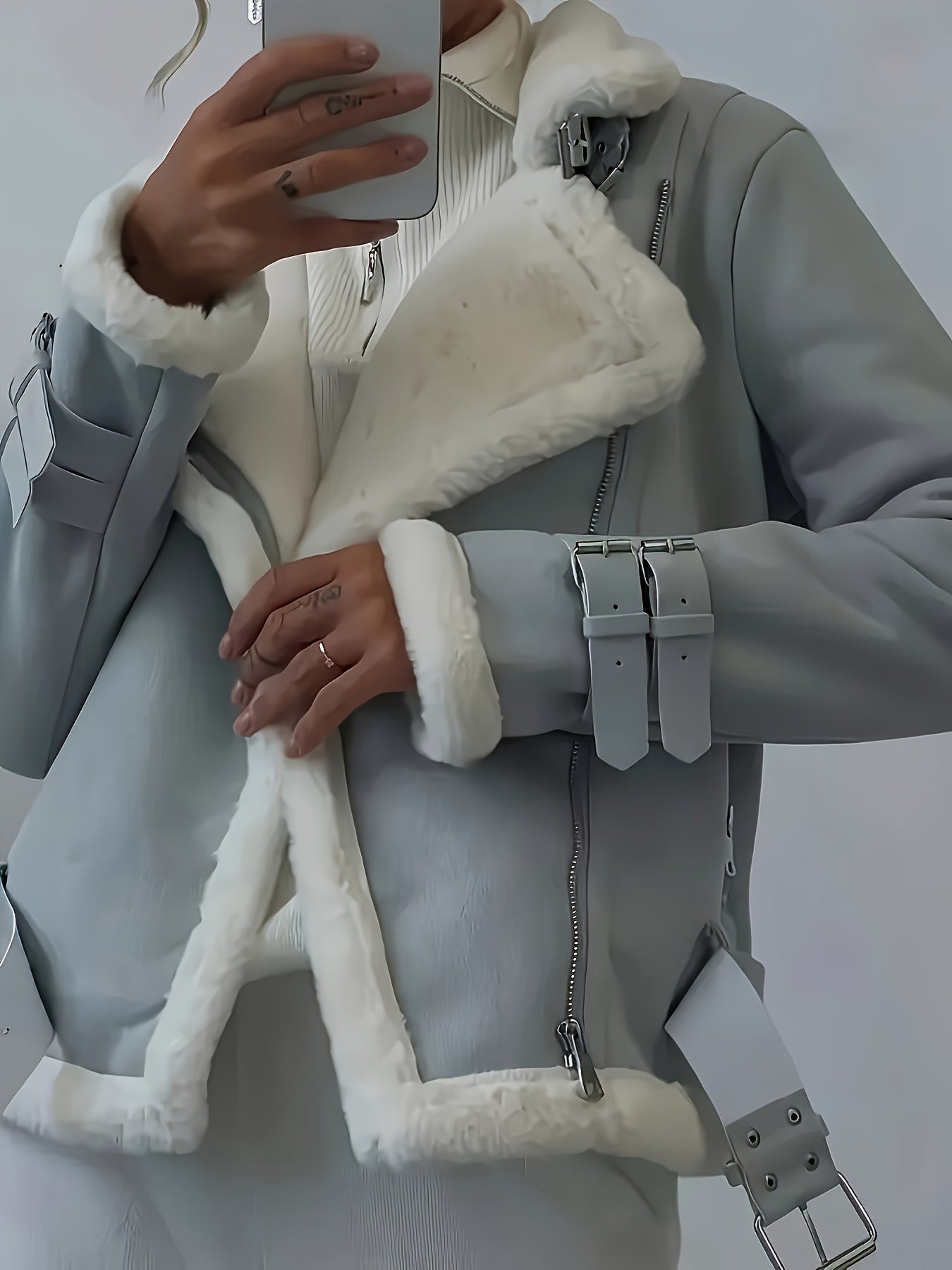 Women's Brown PU Leather Bomber Jacket with White Faux Fur Trim – Zip-Up Motorcycle Style, All-Season Casual Coat