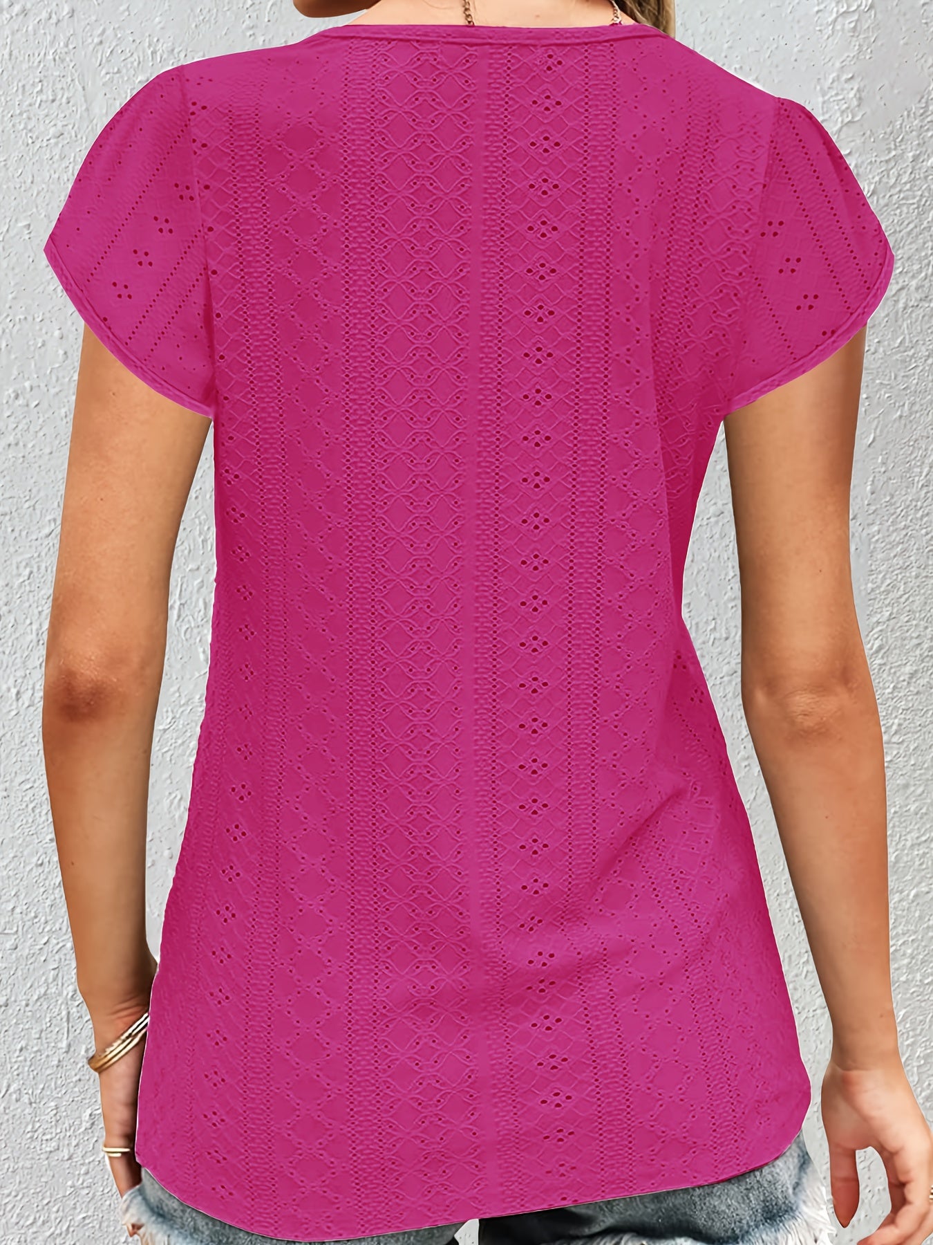 Elegant Women's Lace V-Neck Top — Petal Short Sleeves, Lightweight Summer Blouse