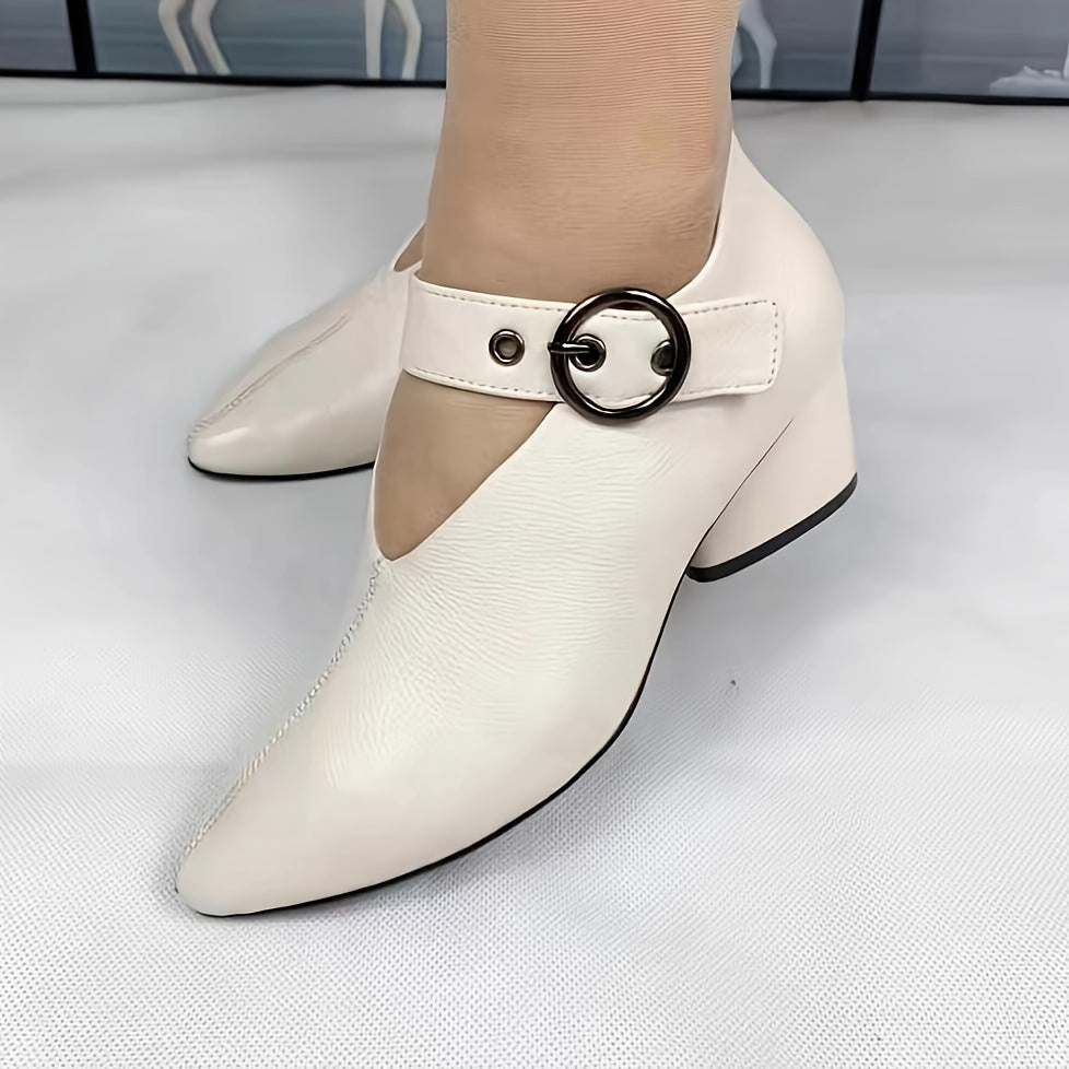 Women's D'Orsay Peep-Toe Block Heels with Fish-Mouth Buckle – Mid Block Heel, Water-Resistant Man-Made Upper