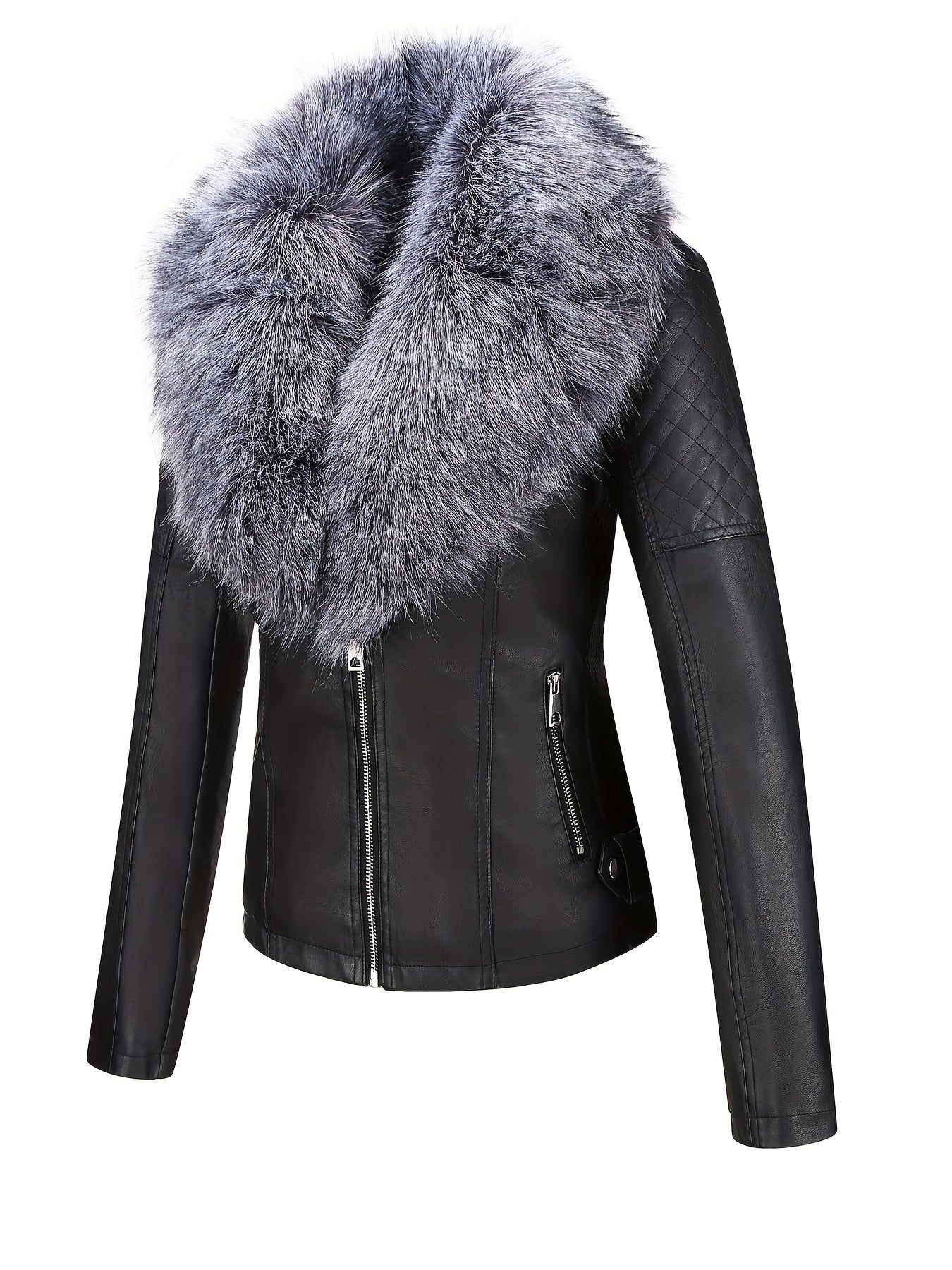 Women's Faux Leather Jacket with Removable Faux Fur Collar, Knit Panels, Zipper Front, Polyester Lined for Fall Winter