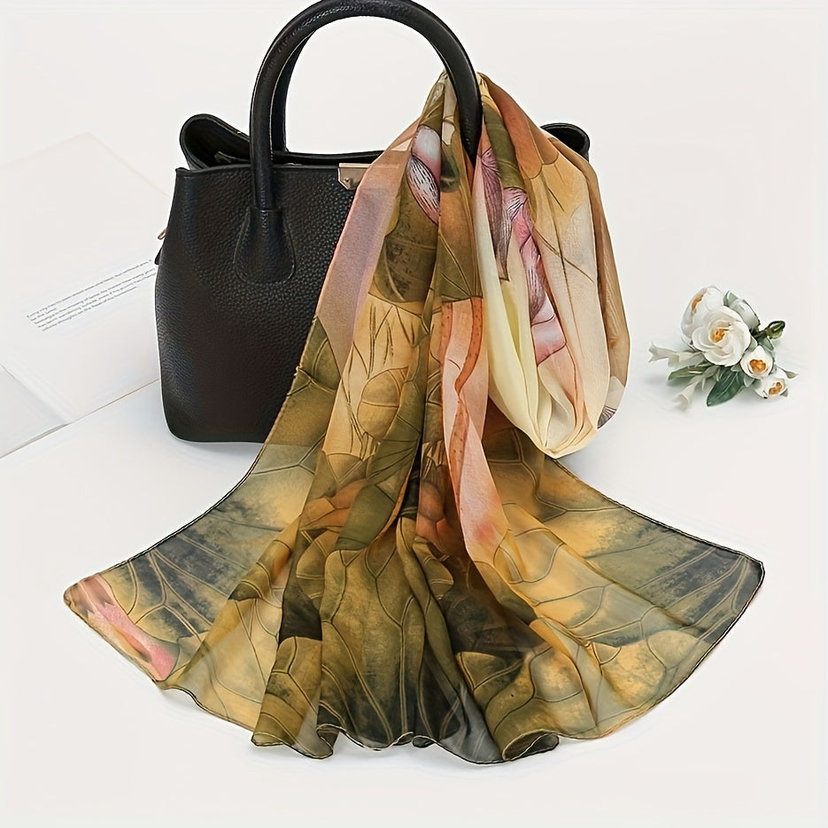 Large Lotus Print Chiffon Scarf, Lightweight Floral Shawl for Women, Breathable Beach Wrap & Travel Headscarf