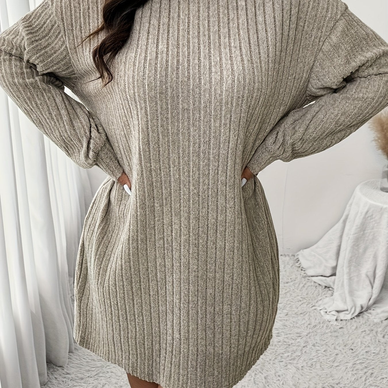 Plus Size High Neck Ribbed Knit Dress Long Sleeve Knee-Length Casual Winter Dress