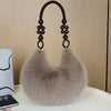 Women's Plush Faux Fur Tote & Crossbody Bag with Beaded Strap – Zipper Closure, Gold-Tone Beads, Multiple Colors