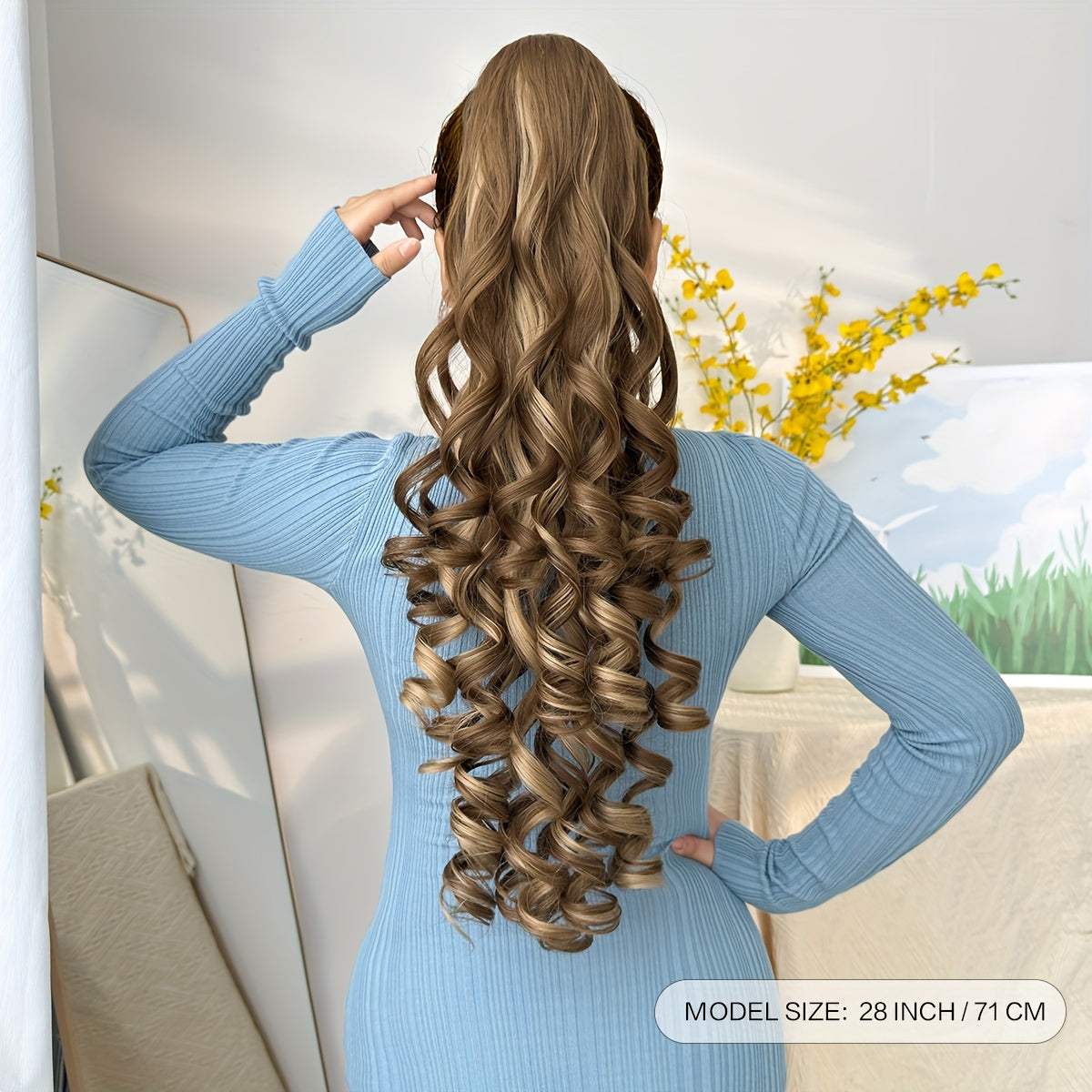 28-inch (71 cm) Deep Wave Drawstring Clip-On Ponytail Hair Extension, Heat-Resistant Synthetic, Multi-Color