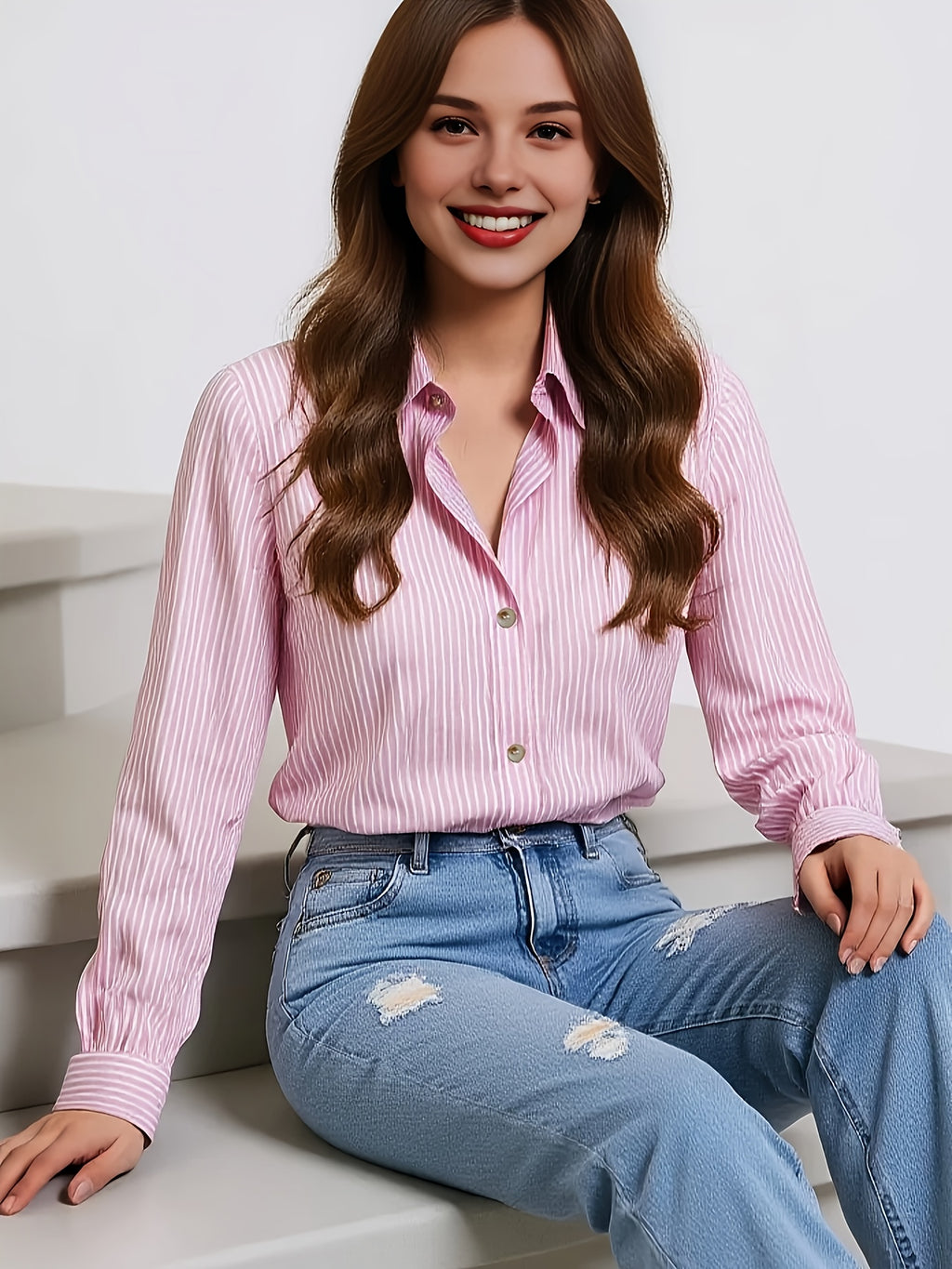 Elegant Blue Striped Lapel Shirt for Women – Versatile Button-Down, 100% Polyester