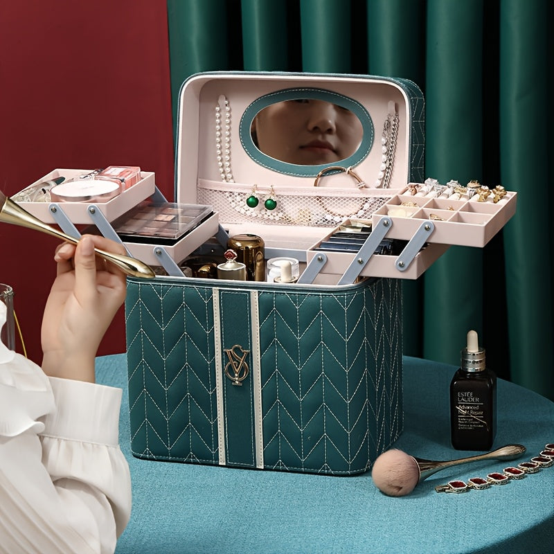 Large Travel Makeup Bag with Mirror & Jewelry Organizer - Embroidered PU Cosmetic Case, Multiple Compartments (Red/Green/White)