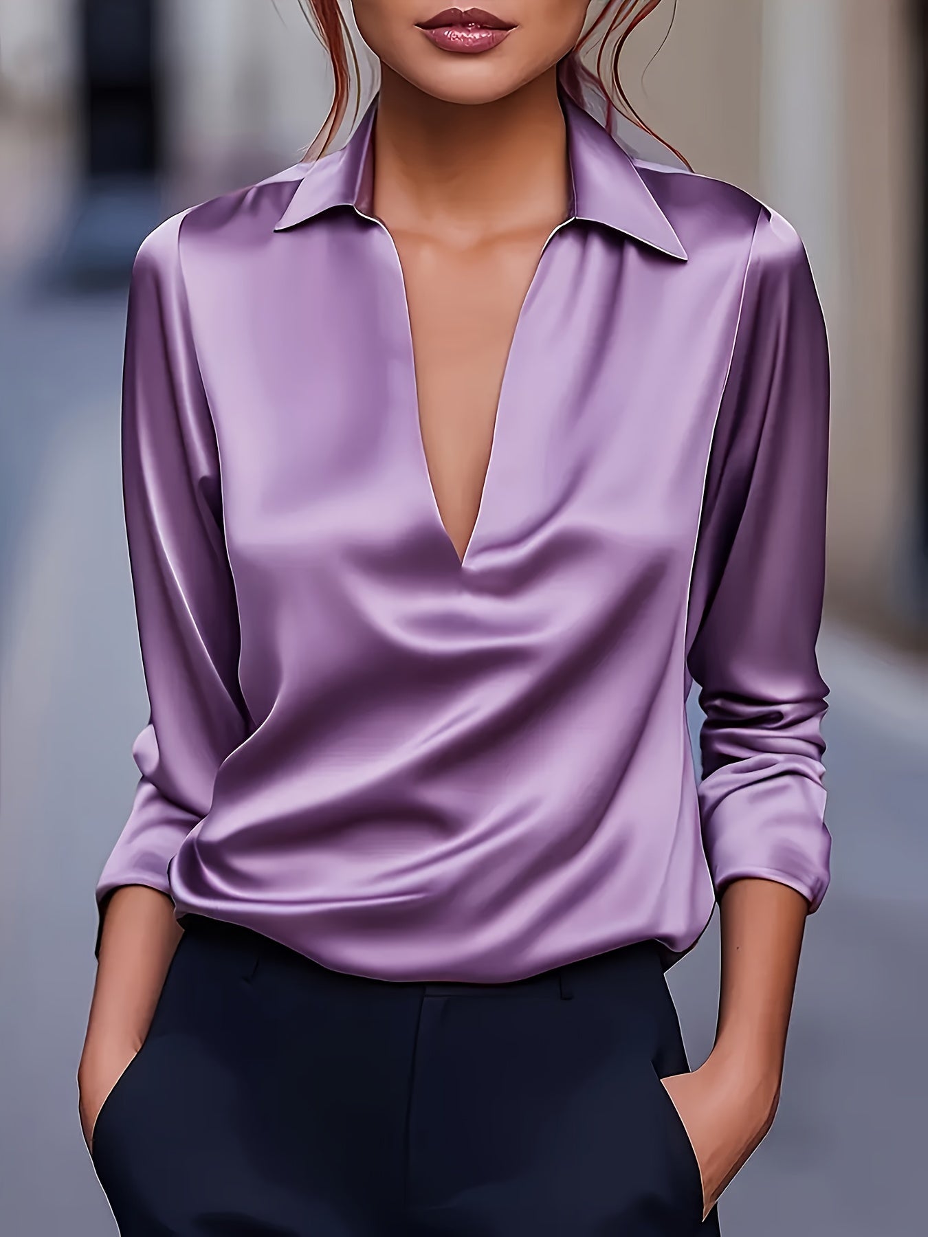 Silvery Satin V-Neck Blouse for Women, Long Sleeve Button-Front Satin Shirt, Elegant Smooth Finish