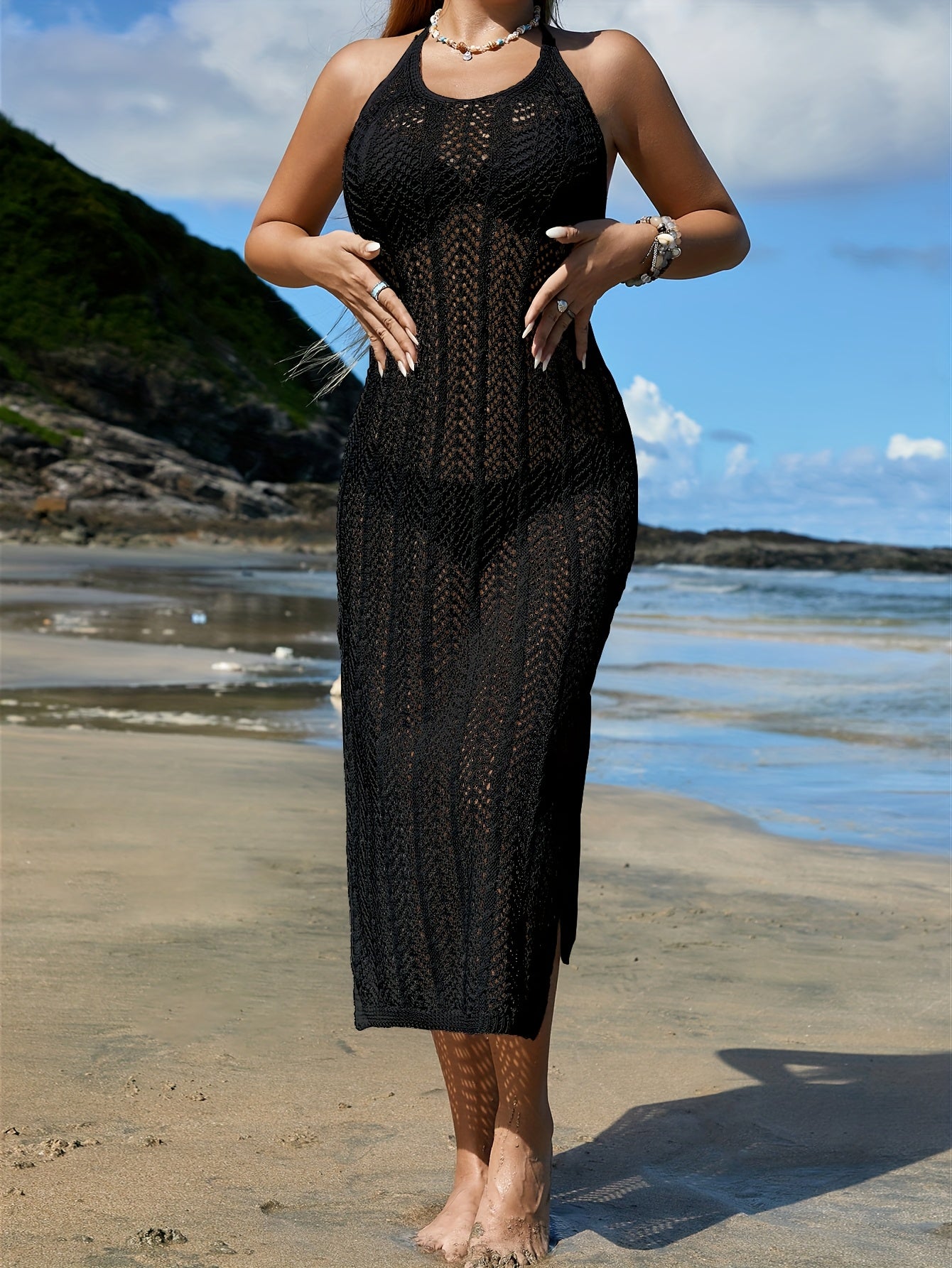 Women's V-Neck Hollow-Out Tie-Back Long Knit Monokini Dress - 100% Acrylic, High Stretch Beachwear