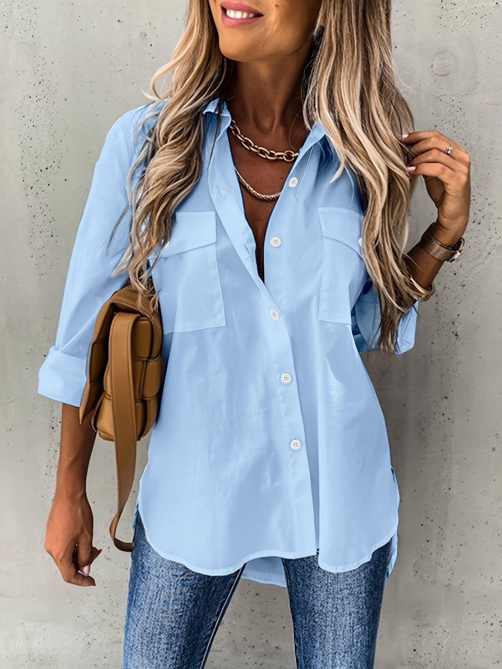 Women's Button-Front Collared Long Sleeve Shirt — Solid Casual Office Blouse