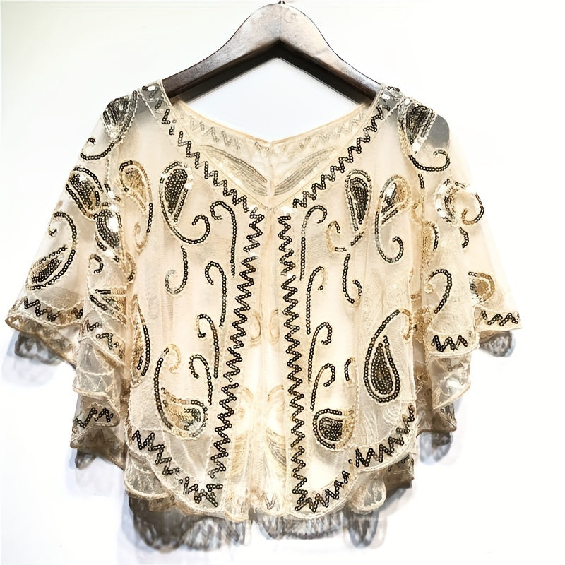Beaded Sequin Shawl Short Mesh Capelet – Sparkle Party Wrap Cover-Up, 18 in (46 cm)