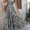 Green Floral V-Neck Maxi Dress, Cinched Waist A-Line with Short Batwing Sleeves — Glossy Polyester for Spring/Summer